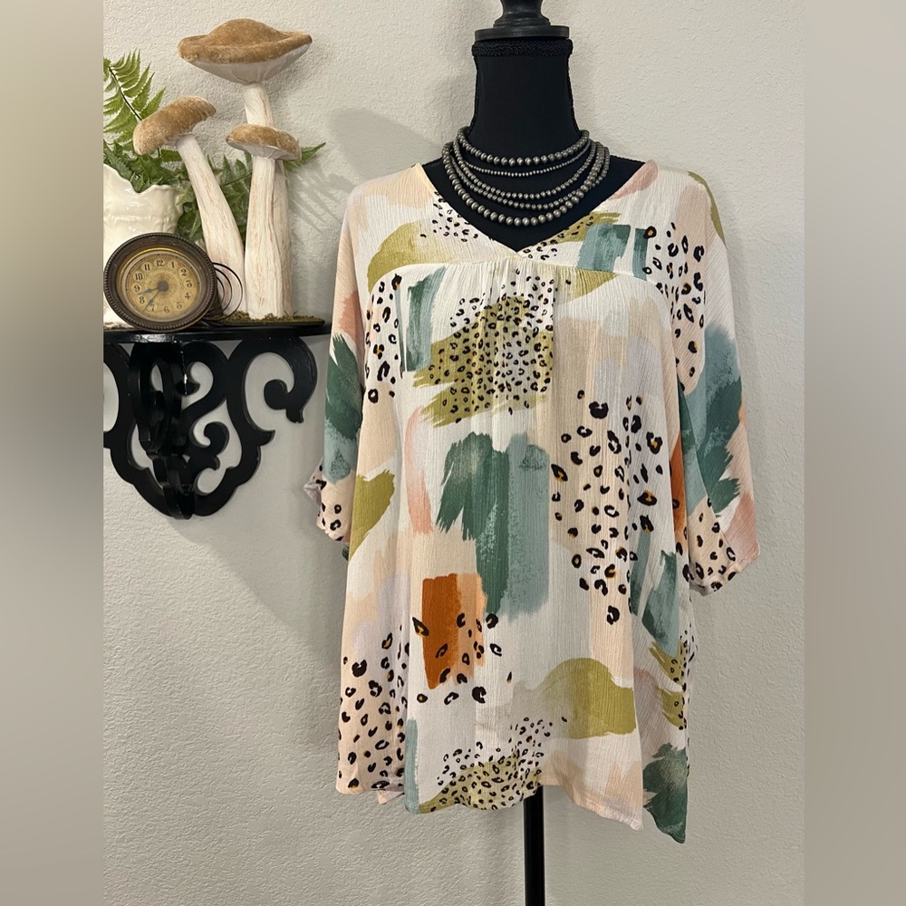 Cotton Bleu Leopard Print Paint Watercolor Green Orange Cream V‎ Neck Blouse XL
